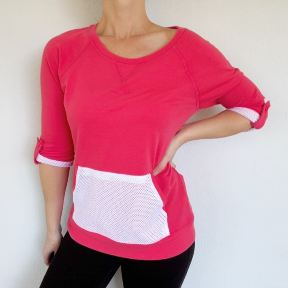 Coral Bay pink white mesh pouch pocket crop sleeve cotton top size small